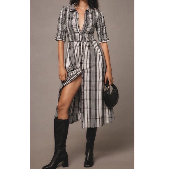 Anthropologie Maeve Short-Sleeve Smocked Midi Shirt Dress Black White M - Picture 1 of 13